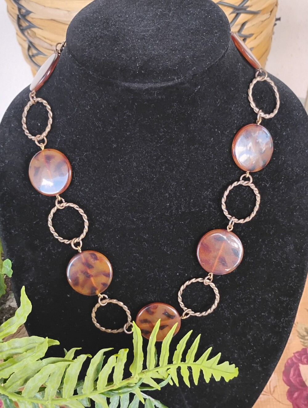 Express Tortoiseshell Resin Disc Necklace with Gold-Tone Twisted Links